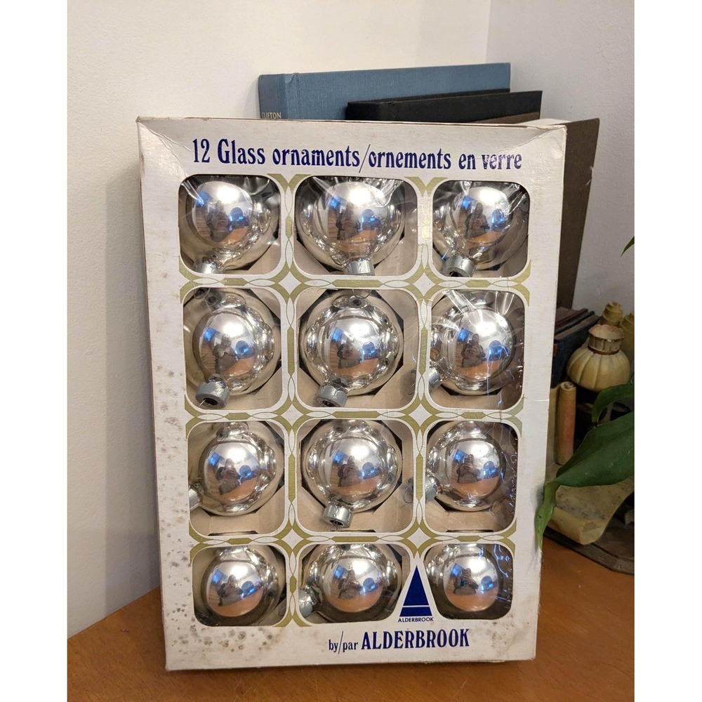 Vintage Silver Glass‎ Ornaments Set of 12, Mercury Glass Christmas Balls